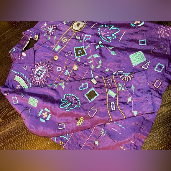 Vintage Chicos Purple Silk Button Down Embroidered Patterned Jacket Size 1 - Picture 4 of 11